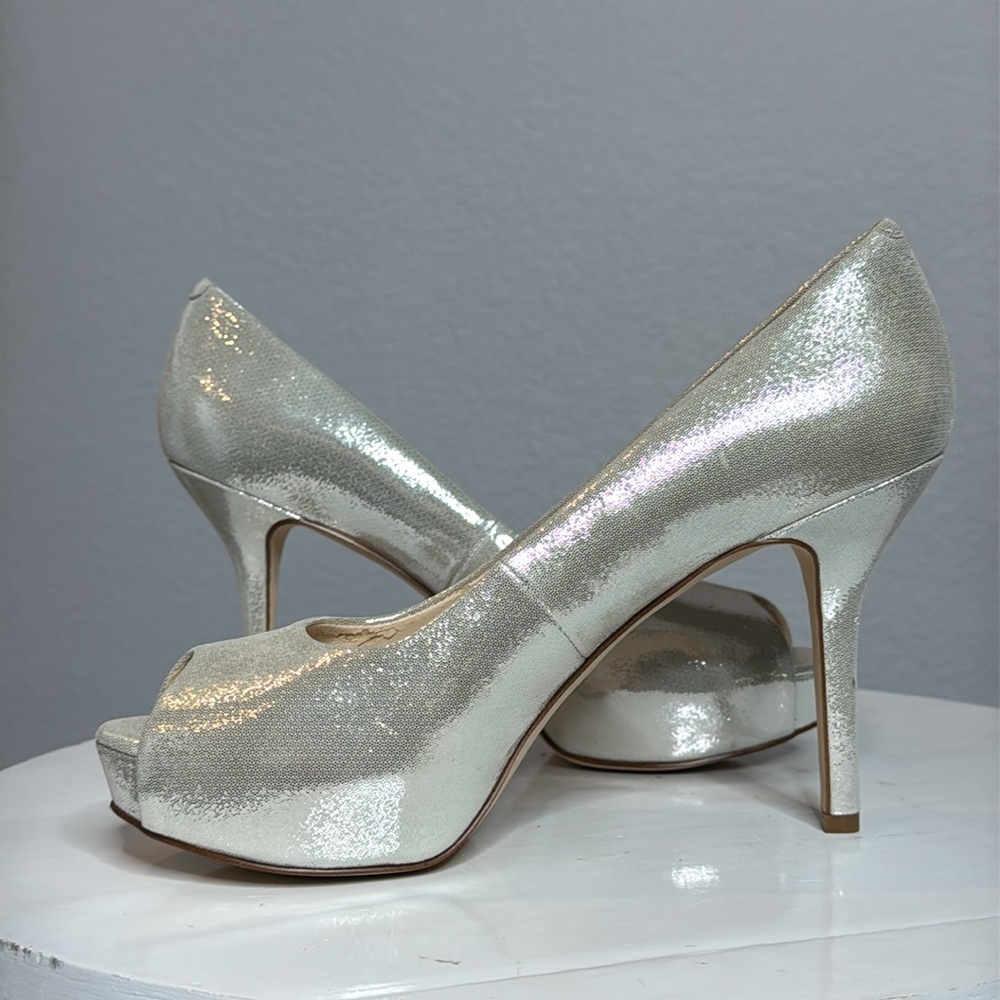 NINE WEST QTPIE METALLIC LEATHER PEEP TOE PLATFORM HEELS - Picture 8 of 15